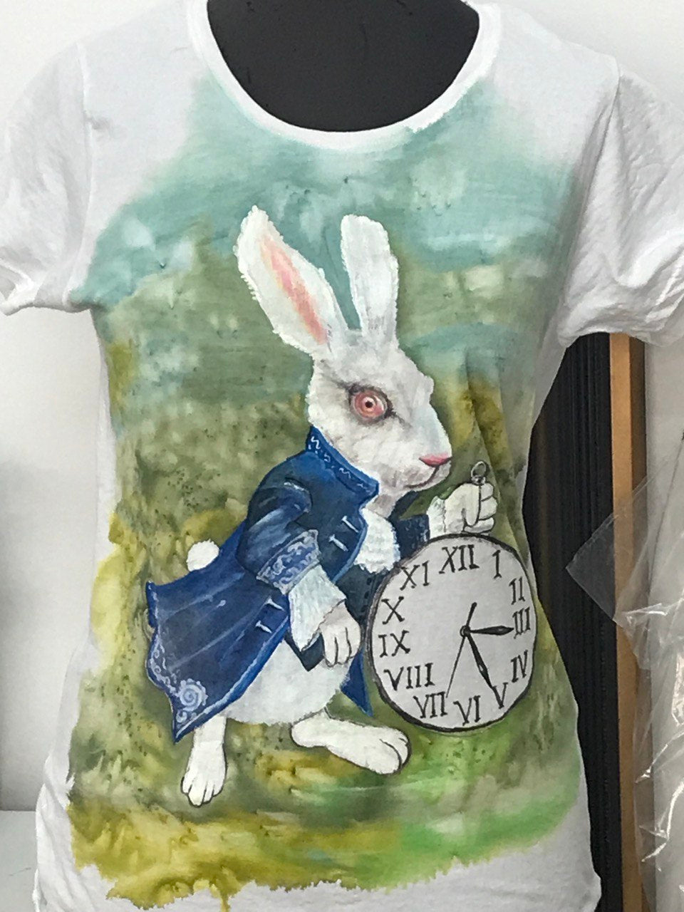Timekeeper Rabbit Design Hand-Painted T-Shirt